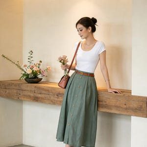 Office Wear, Linen skirt, Midi skirt, Green Button front Skirt, Womens midi skirt, A-Line Skirt, Plus size Skirt with Pockets, Xiaolizi 3697 image 8