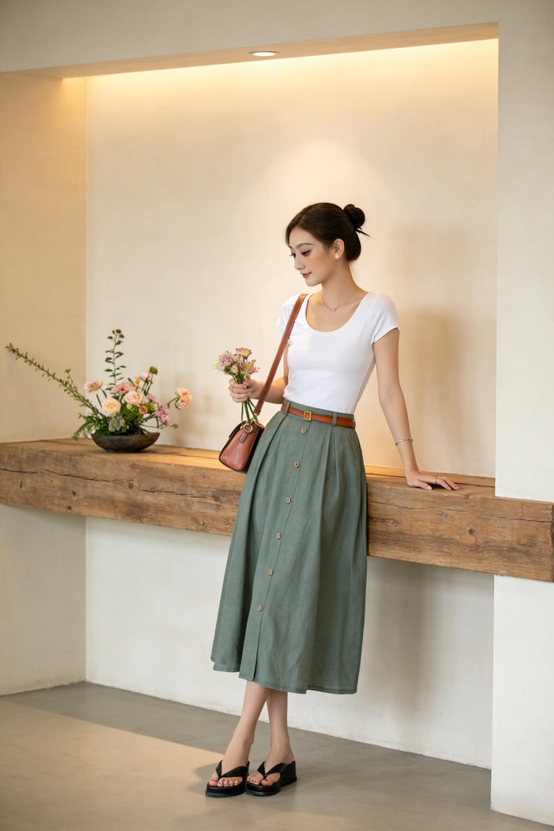 Office Wear, Linen skirt, Midi skirt, Green Button front Skirt, Womens midi skirt, A-Line Skirt, Plus size Skirt with Pockets, Xiaolizi 3697 image 8