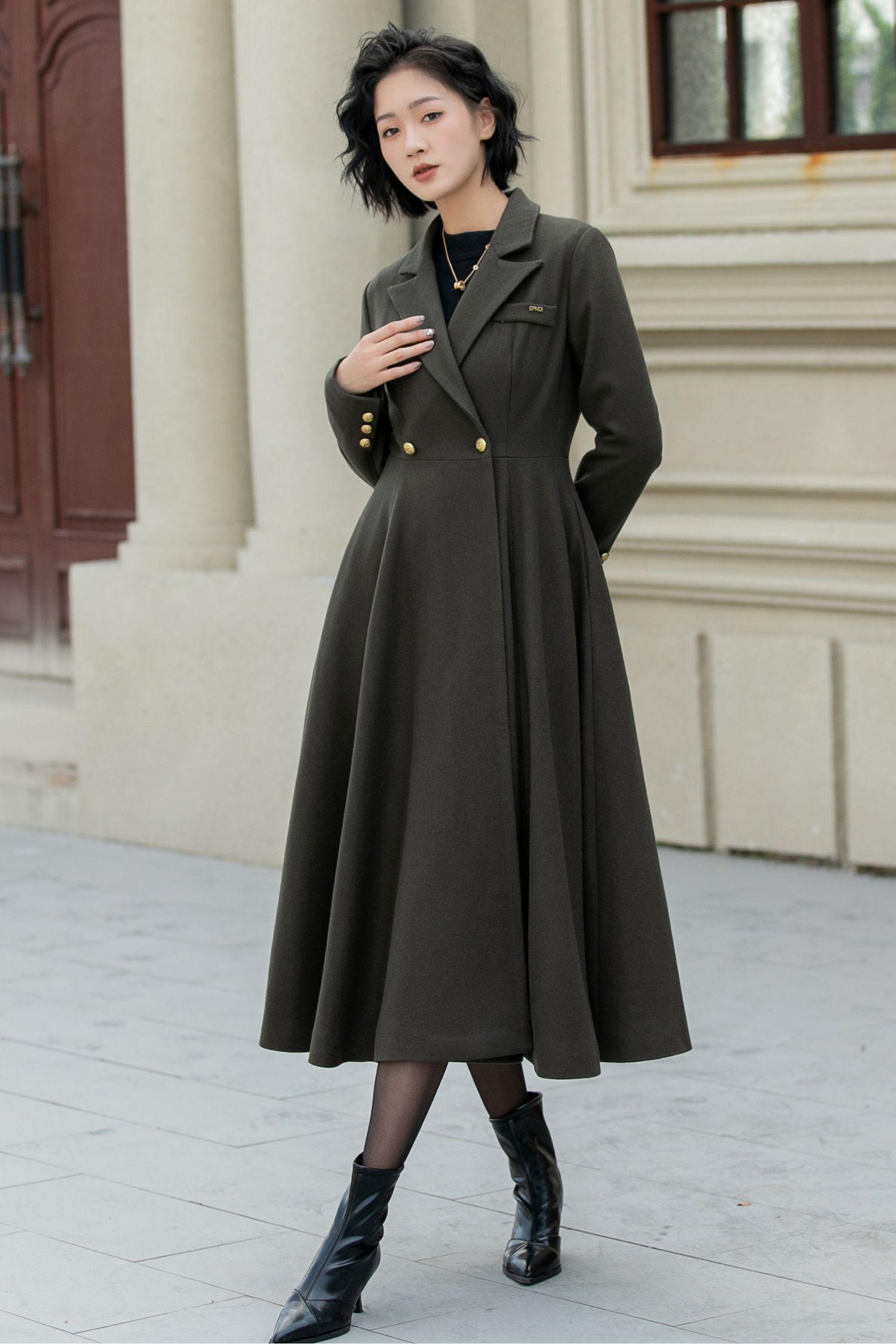 Midi Wool Coat, Army Green Wool Coat, Swing Wool Coat Midi Wool Coat, Army Green Wool Coat, Swing Wool Coat