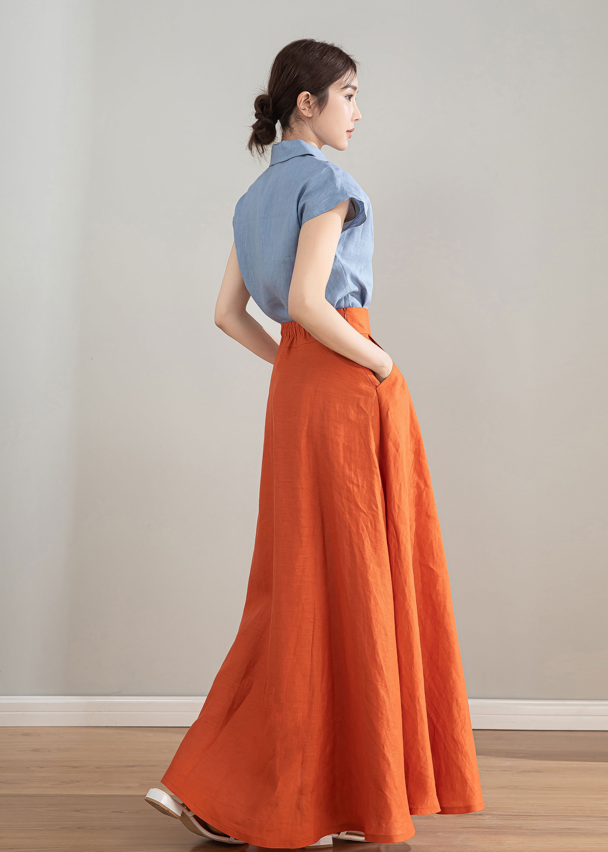 Orange Womens Linen Maxi Skirt, A-line Swing Skirt With