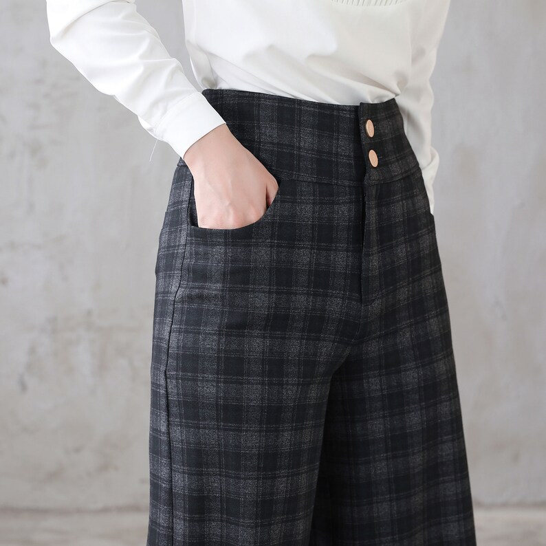Long Plaid Wide Leg Wool Pants, Vintage Inspired Women's Pants, High Waist Pants with Pockets, Baggy Pants, Plus Size Pants Xiaolizi 3124 image 8