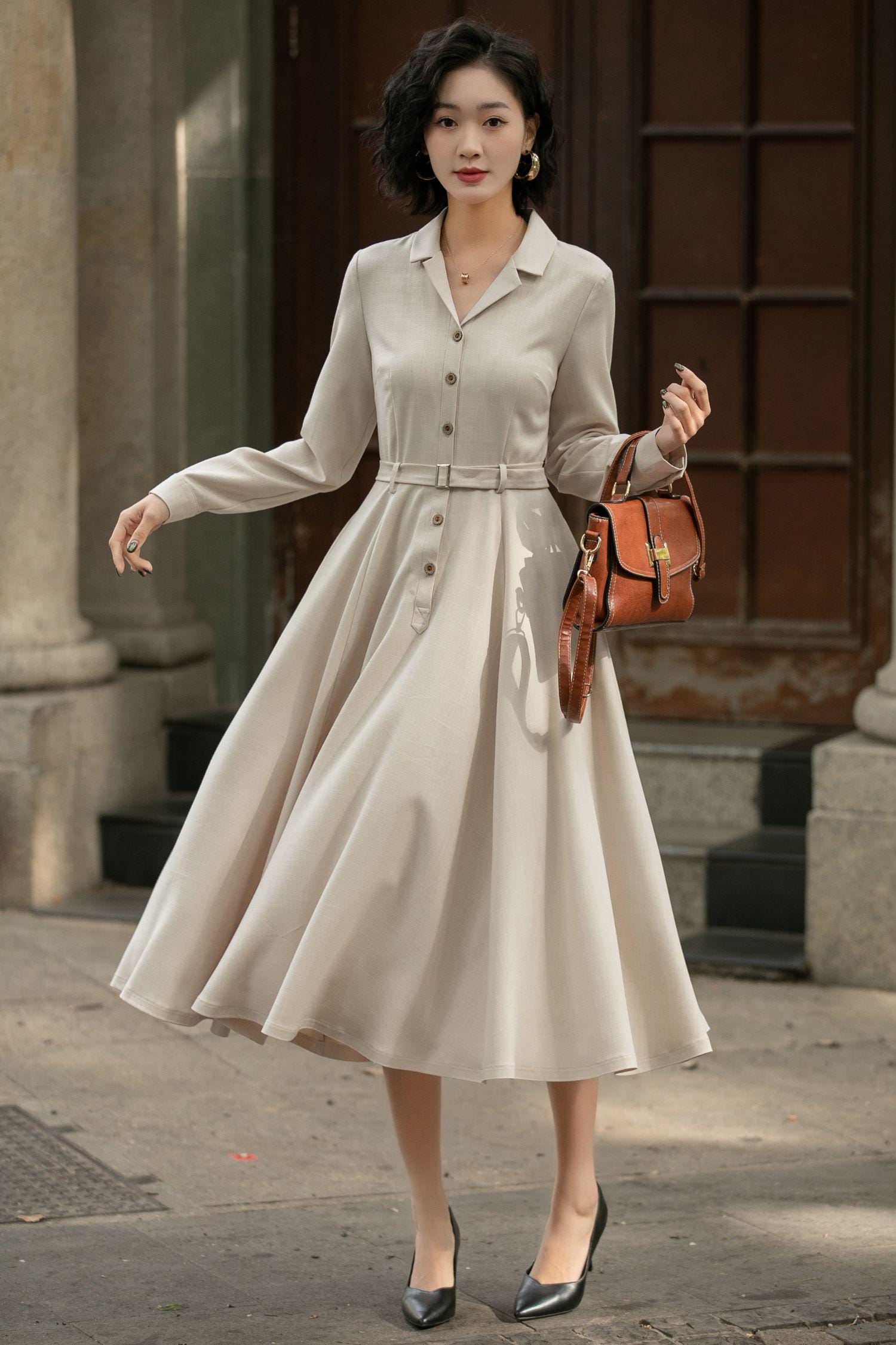 Semi-formal Spring Midi Shirt Dress With Sleeves for Office