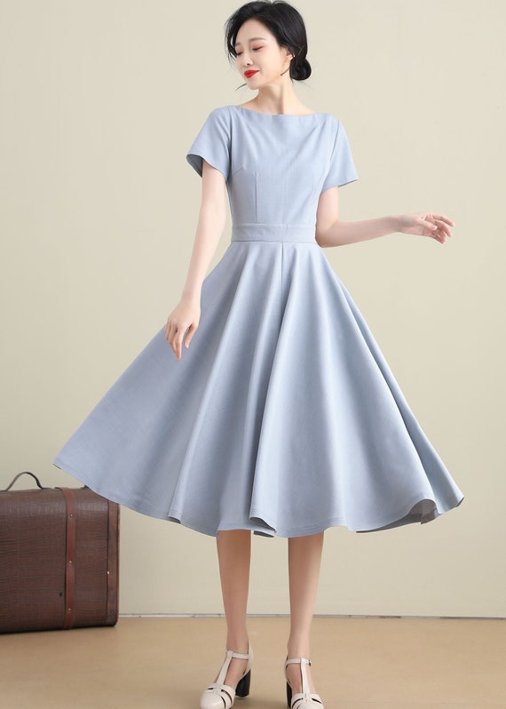 1950s Retro Midi Light Blue Swing Dress 3273 1950s Retro Midi Light Blue Swing Dress 3273