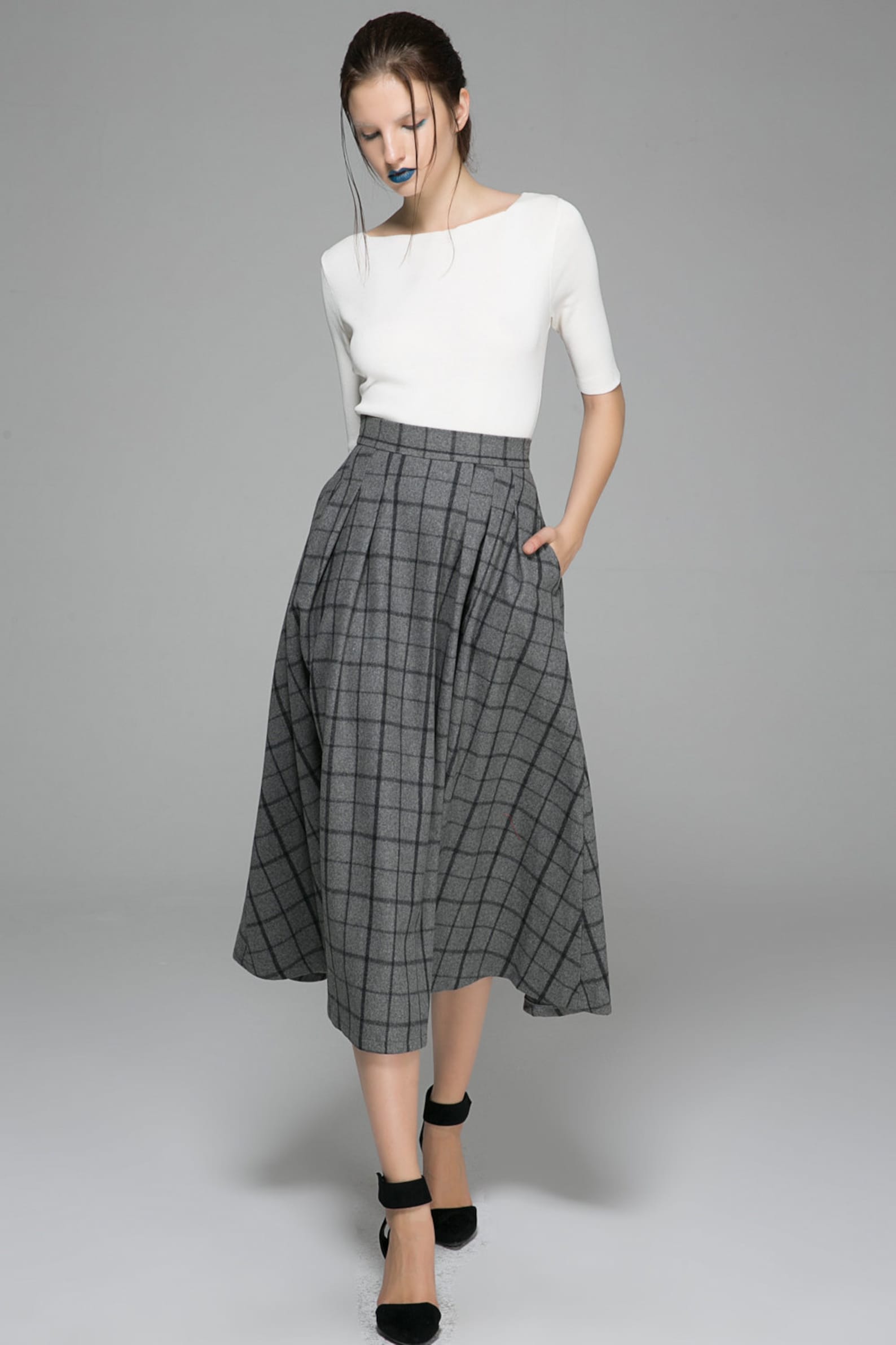 Gray Plaid skirt wool skirt midi skirt winter skirt womens | Etsy