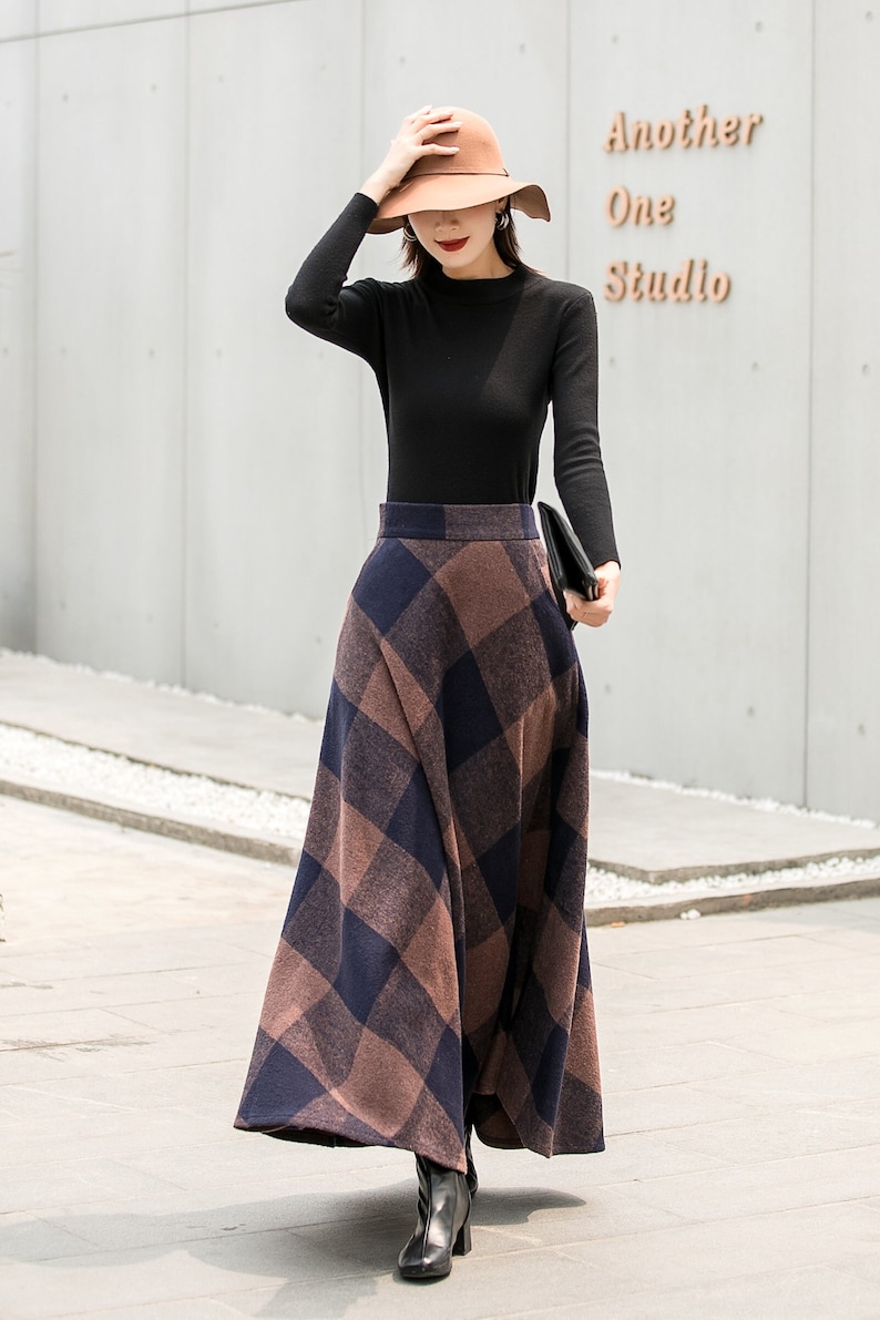 Ebossy Women's Vintage High Waist Wool Blend Plaid A-Line Long Maxi Skirt With