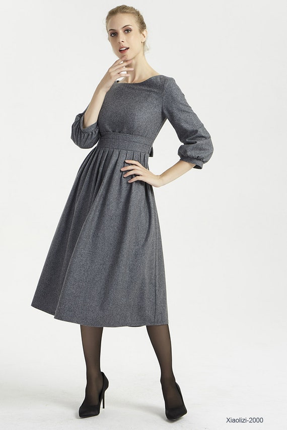 Vintage wool dress bow dress wool dress dark gray dress | Etsy
