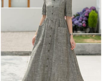 Green Linen Midi Dress: Button-down A-line With Pockets, Xiaolizi