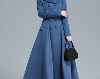 ヴィンテージ風ロングウールプリンセスコート レディース、フィット