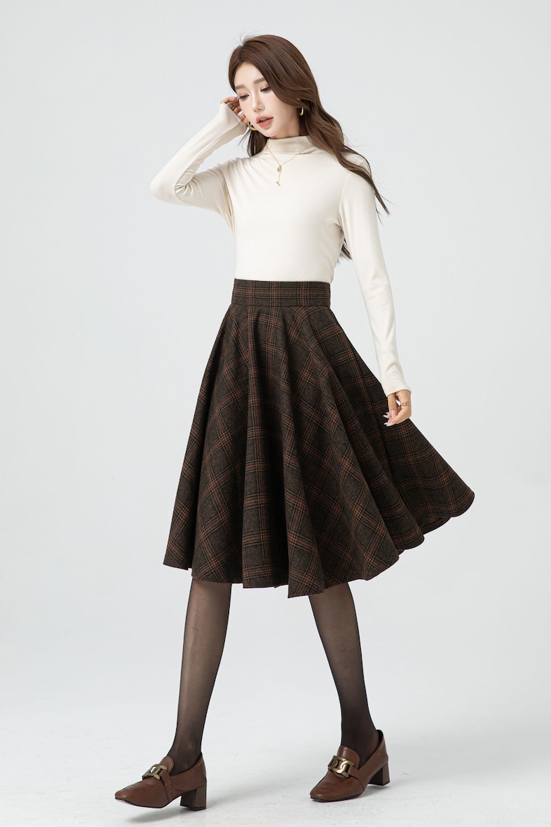 Rutig ullkjol för kvinnor, Vinterkjol, Rundkjol i ull, Kjol med hög midja, Kjol med fickor, Tartanskjol, Specialdesignad kjol, Xiaolizi 5323# 1-Plaid