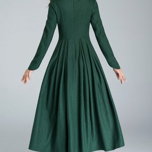 Vintage Inspired Winter Wool Dress Women, Mandarin Collar Wool Dress, A-Line Green Wool Dress, Retro Swing Long Dress, Xiaolizi 1621 image 4