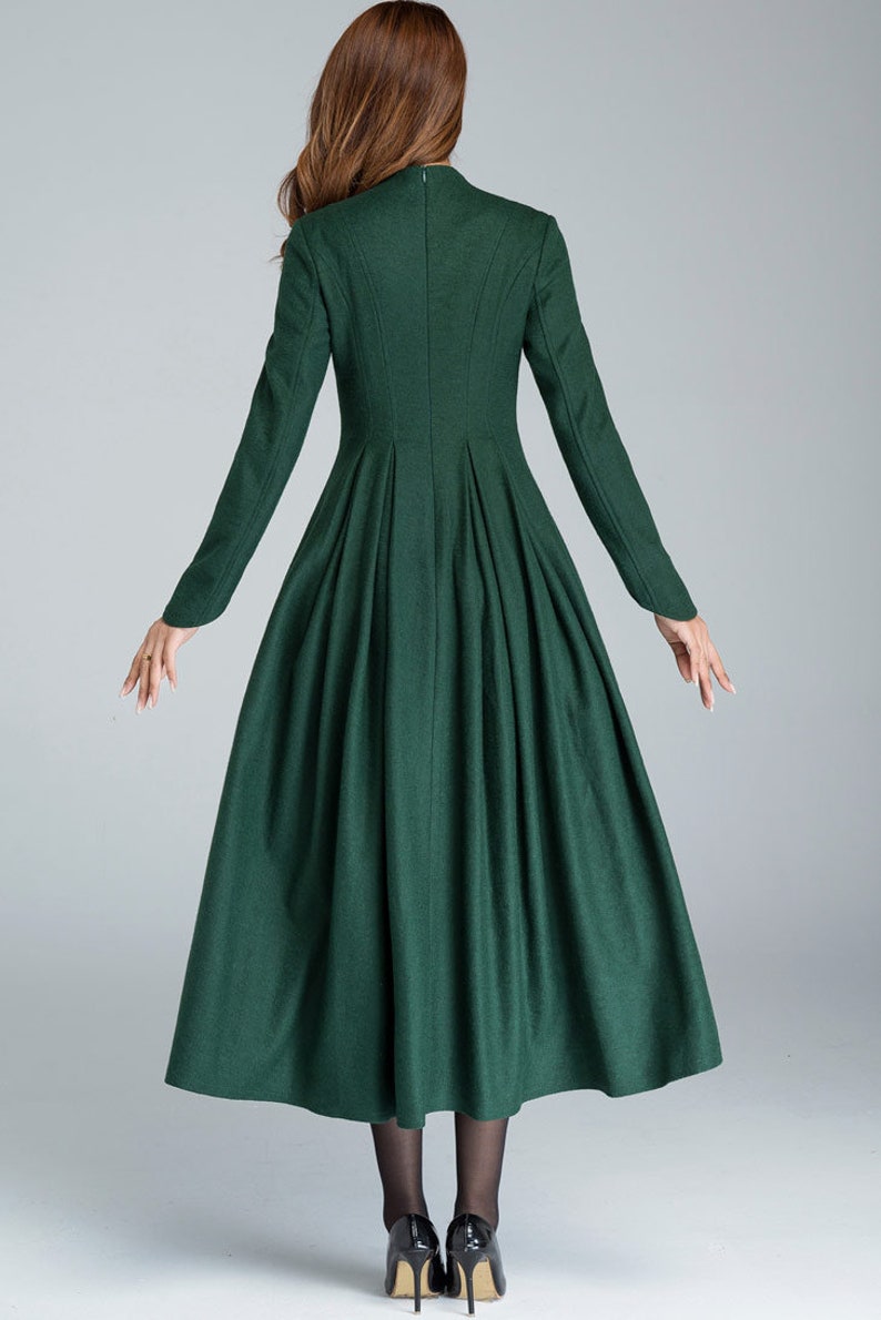 Vintage Inspired Winter Wool Dress Women, Mandarin Collar Wool Dress, A-Line Green Wool Dress, Retro Swing Long Dress, Xiaolizi 1621 image 4