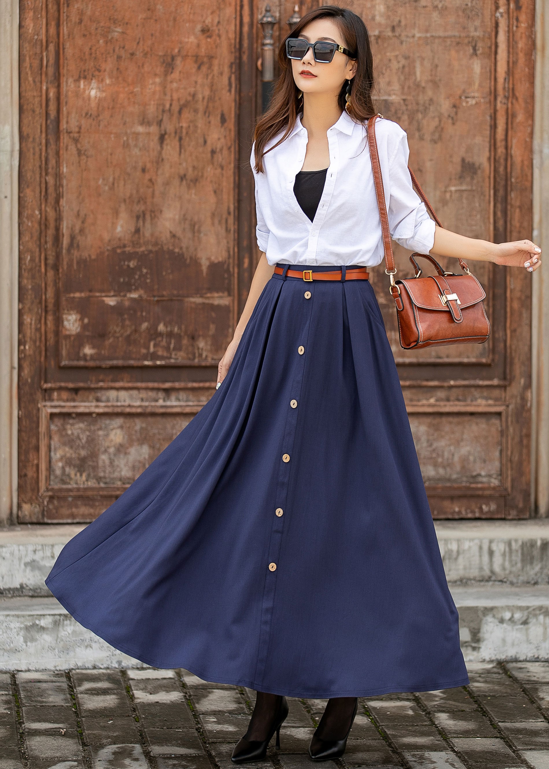 Navy blue top long skirt outfit