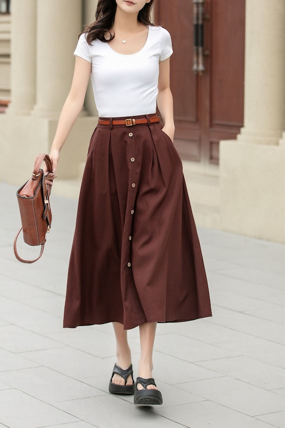 Office Wear, Linen Skirt, Button Front Linen Skirt, Womens Brown