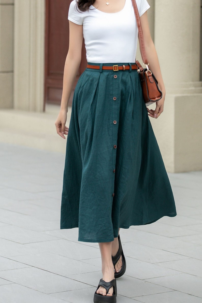 Linen skirt, Women's Midi skirt, A-Line linen Skirt, Button front Skirt, Dark Green Midi skirt with pockets, Plus size Skirt, Xiaolizi 4970 image 1