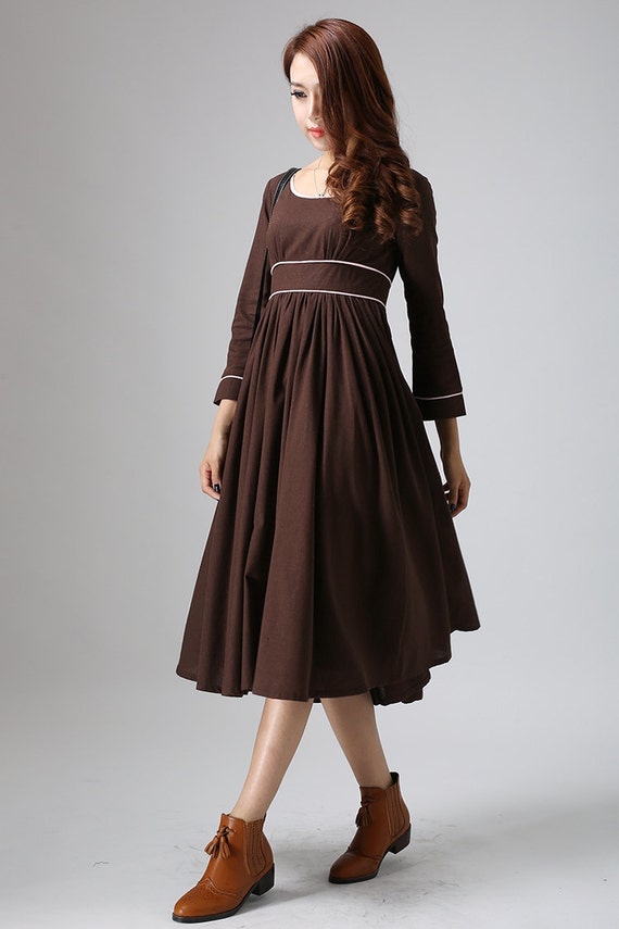 brown dress midi linen dress empire waist dress linen | Etsy