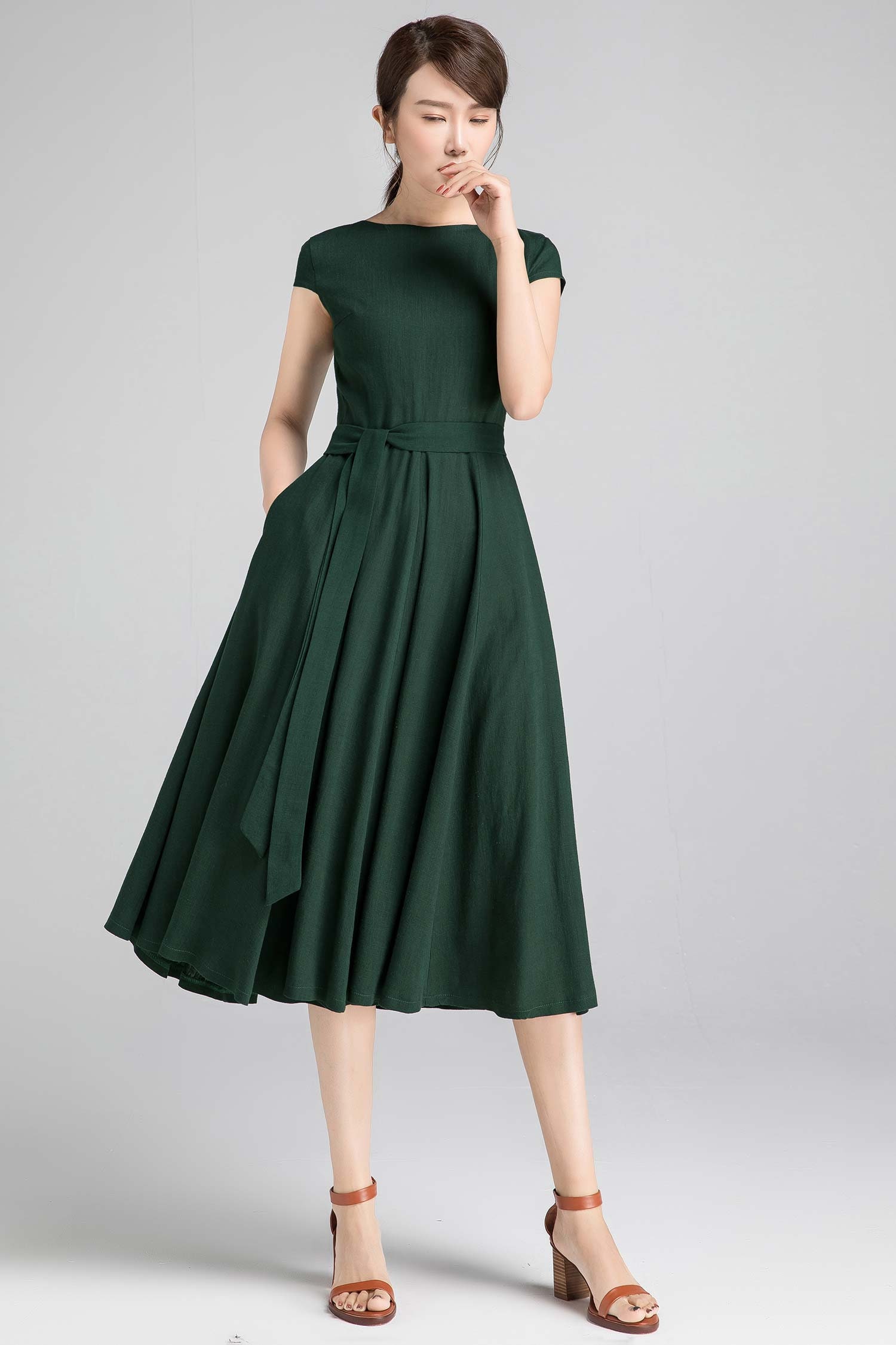 Vintage Dress, Fabulous Fit and Flare Dress, Linen Midi Dress, Cap