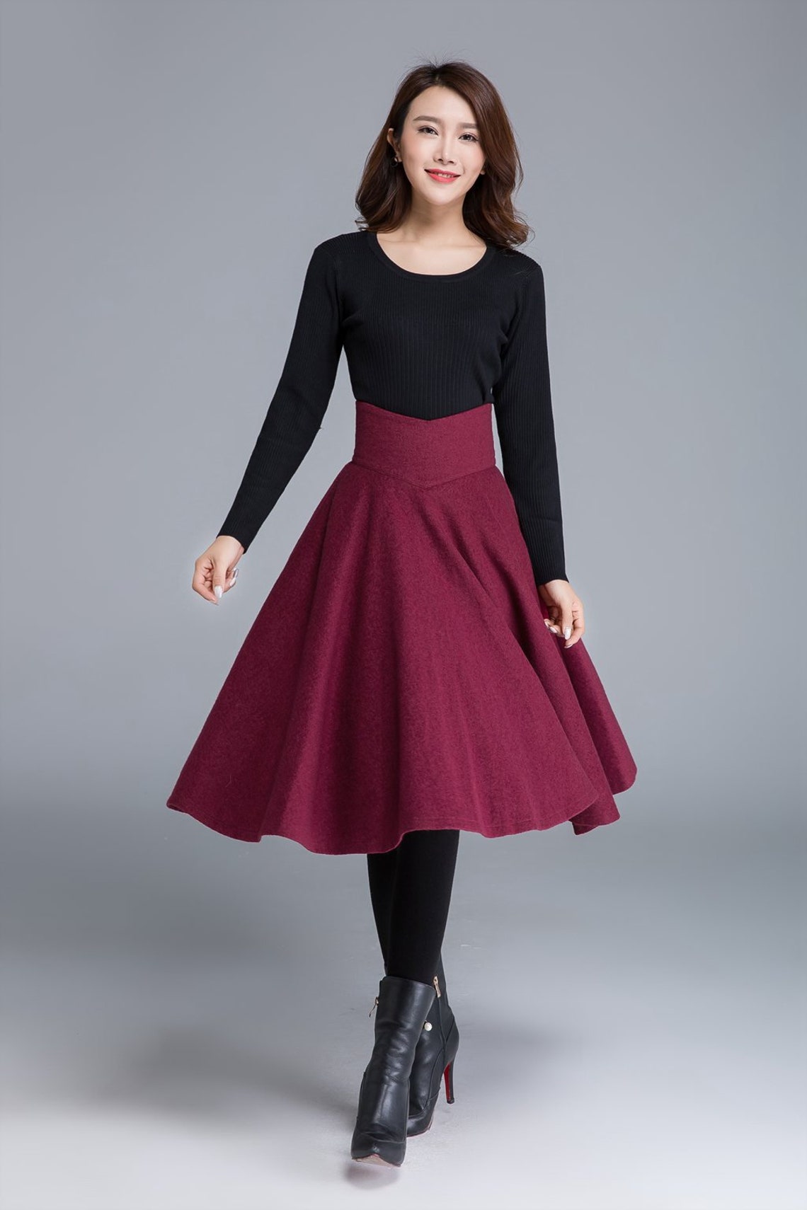 High waist Flared Midi skirt in red wool skirt Circle skirt | Etsy