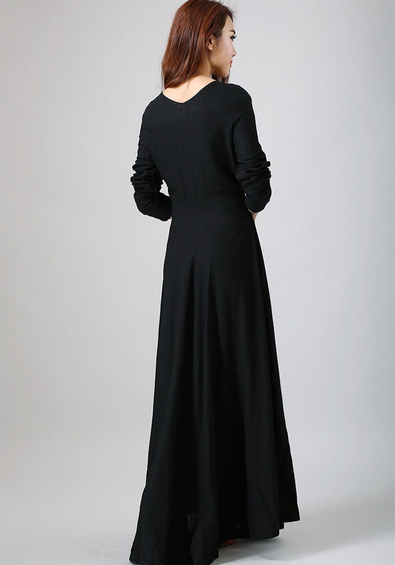 Linen dress, Long sleeve Linen Maxi dress with pockets, Women Linen dress, Black Linen dress, Spring autumn dress, Custom dress 0793 image 6
