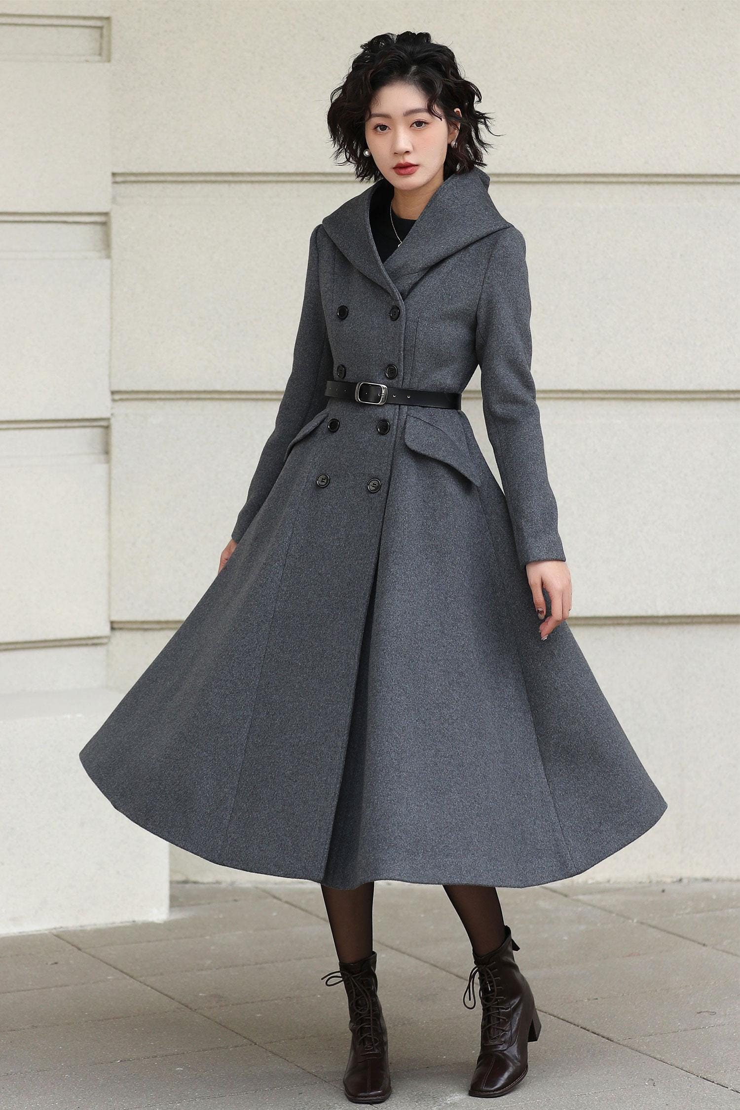 Hooded Wool Swing Coat, Double-breasted Midi Coat, Custom