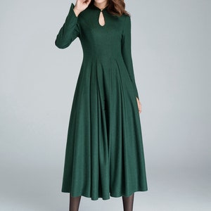 Vintage Inspired Winter Wool Dress Women, Mandarin Collar Wool Dress, A-Line Green Wool Dress, Retro Swing Long Dress, Xiaolizi 1621 image 5
