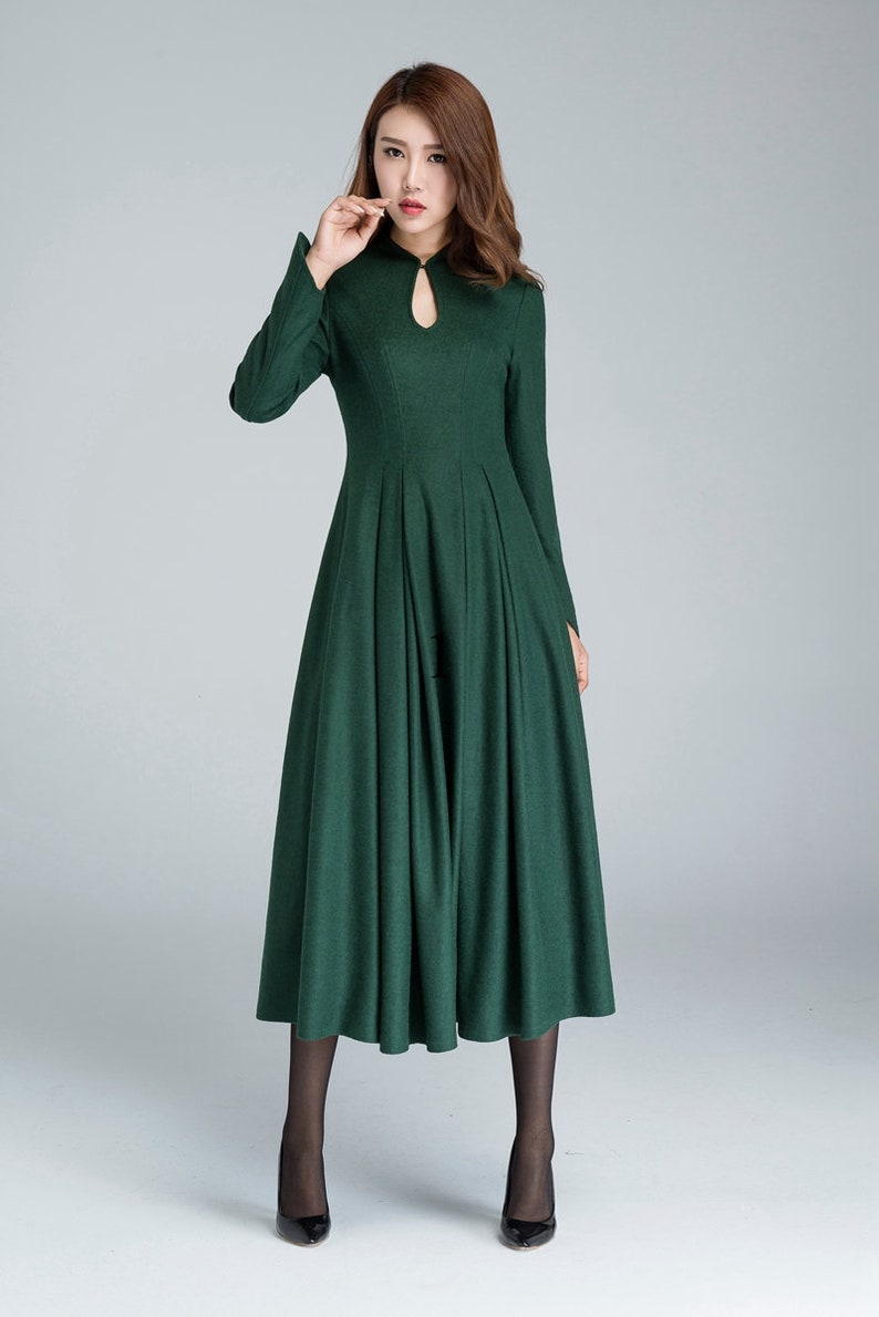 Vintage Inspired Winter Wool Dress Women, Mandarin Collar Wool Dress, A-Line Green Wool Dress, Retro Swing Long Dress, Xiaolizi 1621 image 5