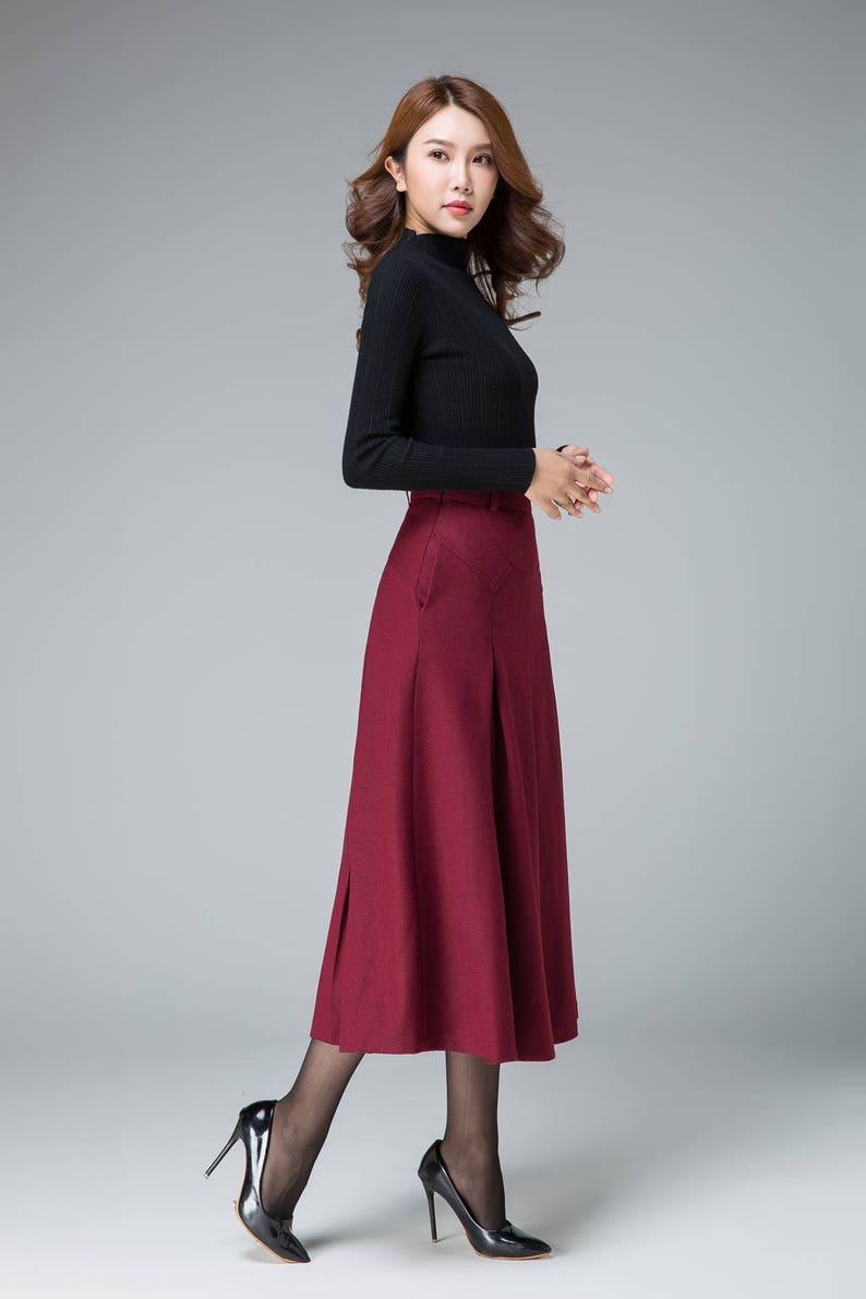 Midi wool skirt, Red midi skirt, office skirt, High waist skirt, Long wool skirt, A Line skirt, romantic skirt, ladies skirts, Xiaolizi 1834 image 4