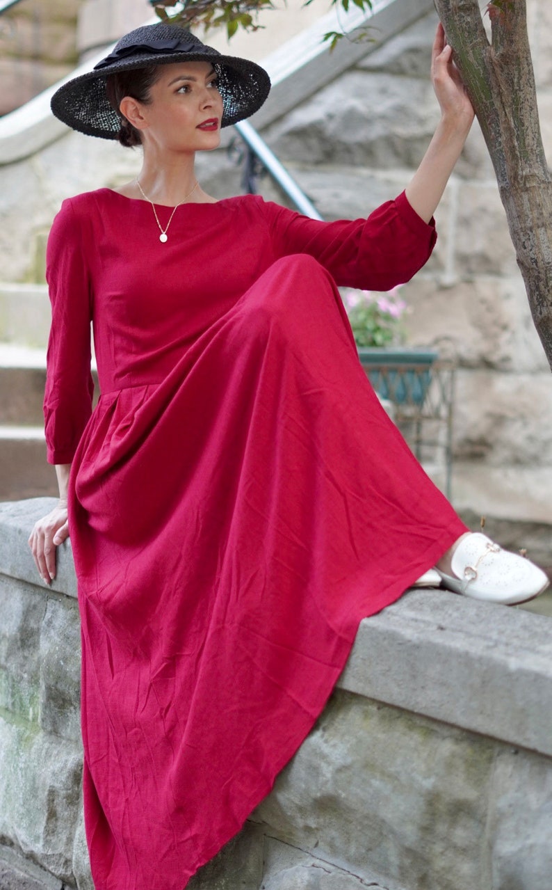 Boat Neck Long Linen dress, Womens A Line red Pleated maxi dress, Cottagecore dress, Summer spring outfit, Handmade dress, Xiaolizi 1996 image 2