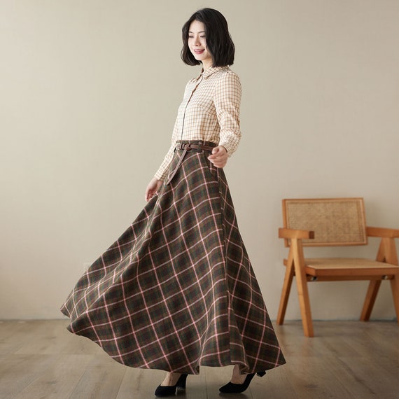 A line long wool plaid skirt women 4620 A line long wool plaid skirt women 4620