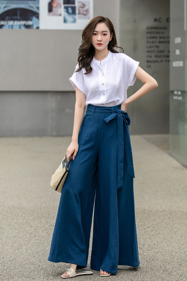 Womens Palazzo Belted Linen Pants, High Waisted Long Trousers, Blue Linen Pants, Women Wide Leg Pants, Custom Pants, Xiaolizi 4276 image 9