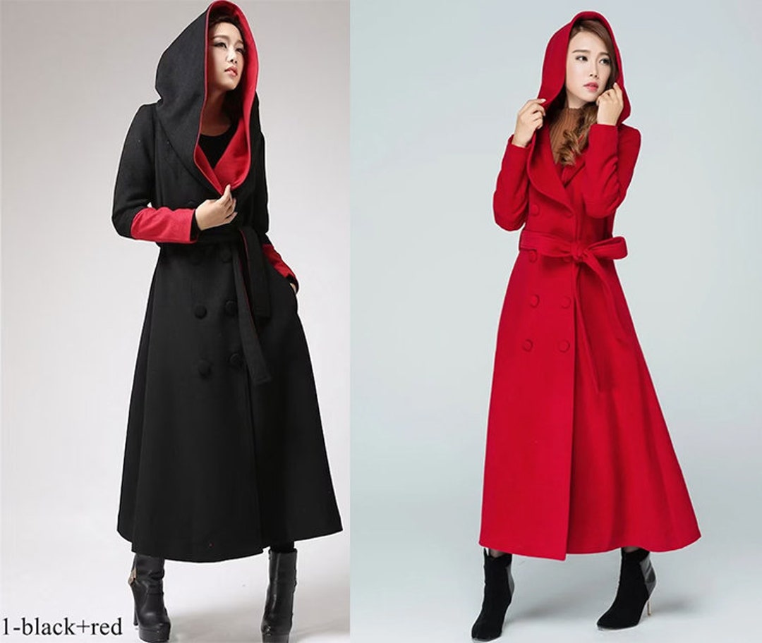 Hooded Long Wool Coat Women, Warm Winter Wool Coat, Red Trench Coat ...