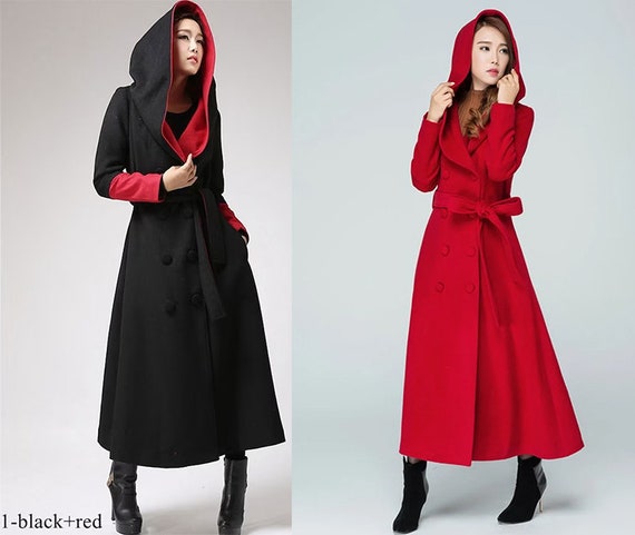 Hooded Long Wool Coat Women, Warm Winter Wool Coat, Red Hooded Long Wool Coat Women, Warm Winter Wool Coat, Red
