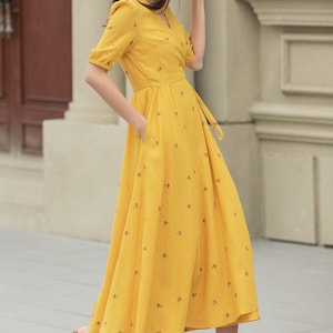 Linen dress, Swing Linen Dress, Wrap dress, Short sleeve floral midi dress, Fit and Flare Dress, Women Modest Linen Dress, Xiaolizi 4947 image 3