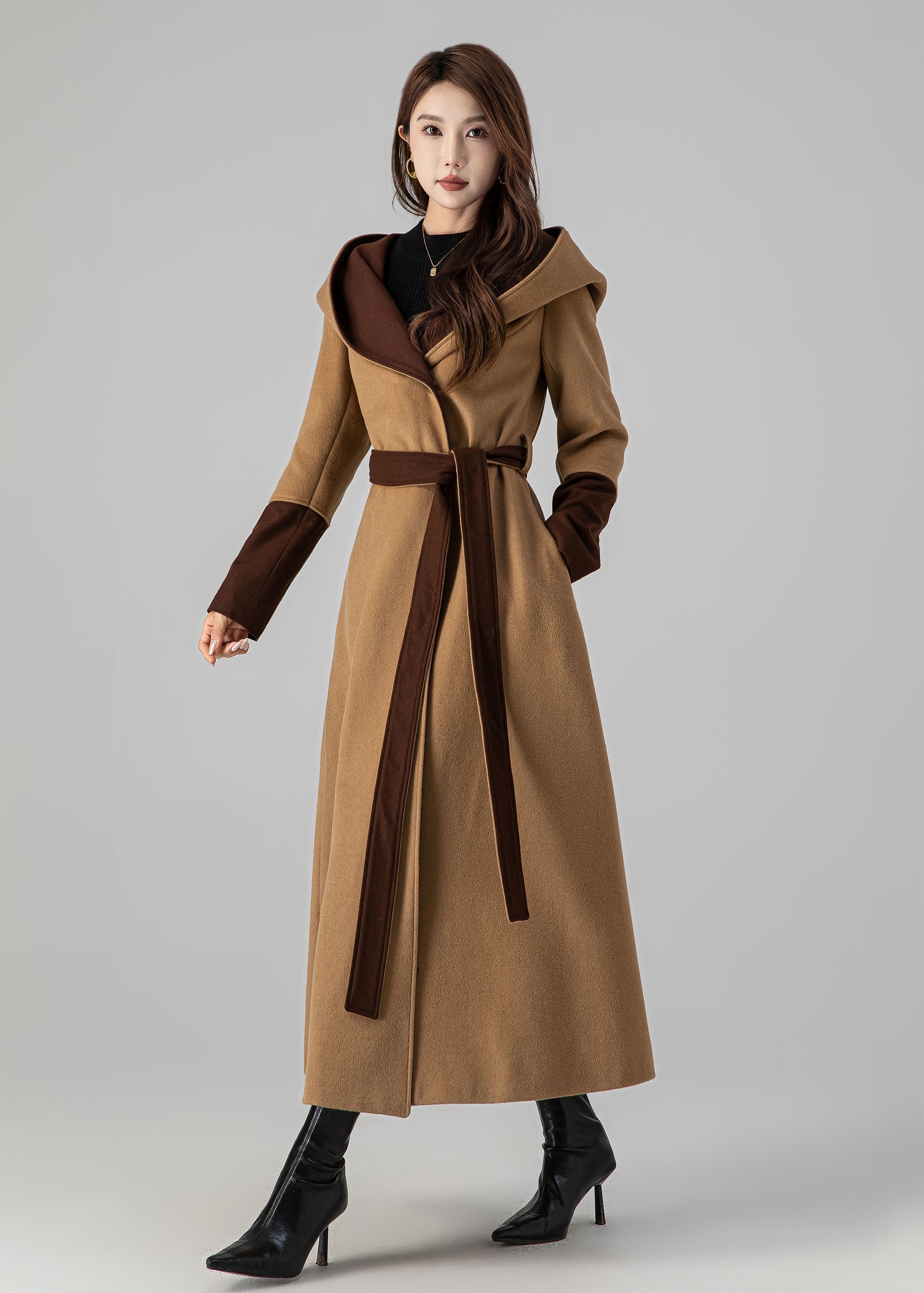 Hooded Long Wool Coat, Camel Wool Trench Coat With Hood