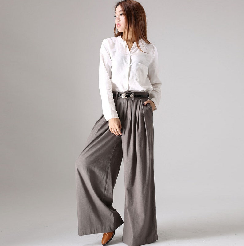 Gray palazzo pants, wide leg pants, womens long pants, linen pants, pleating pants, custom made, pockets pants, plus size available 0839 gray--0839#