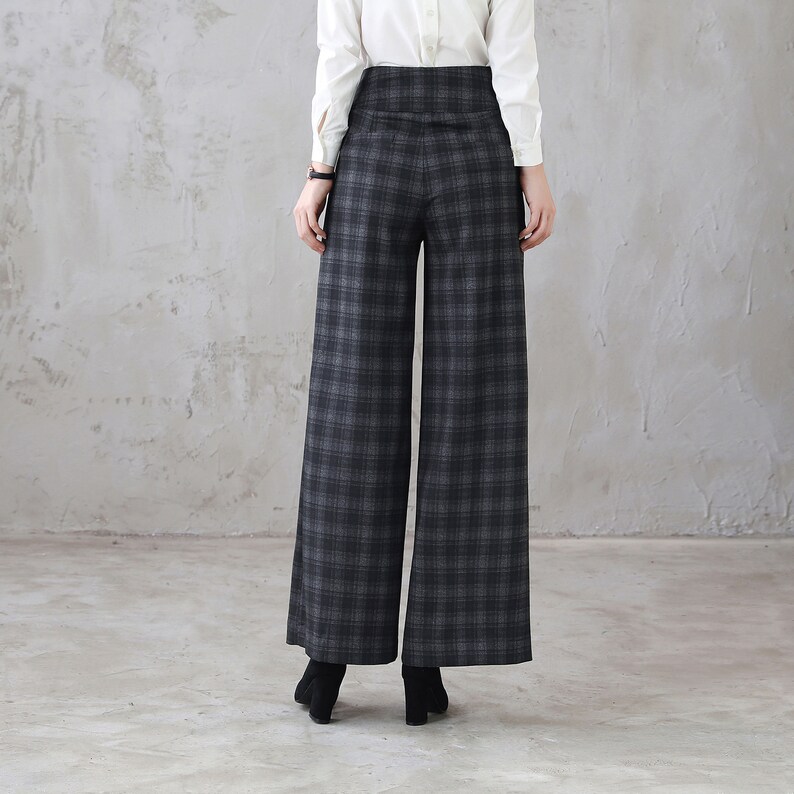 Long Plaid Wide Leg Wool Pants, Vintage Inspired Women's Pants, High Waist Pants with Pockets, Baggy Pants, Plus Size Pants Xiaolizi 3124 image 4