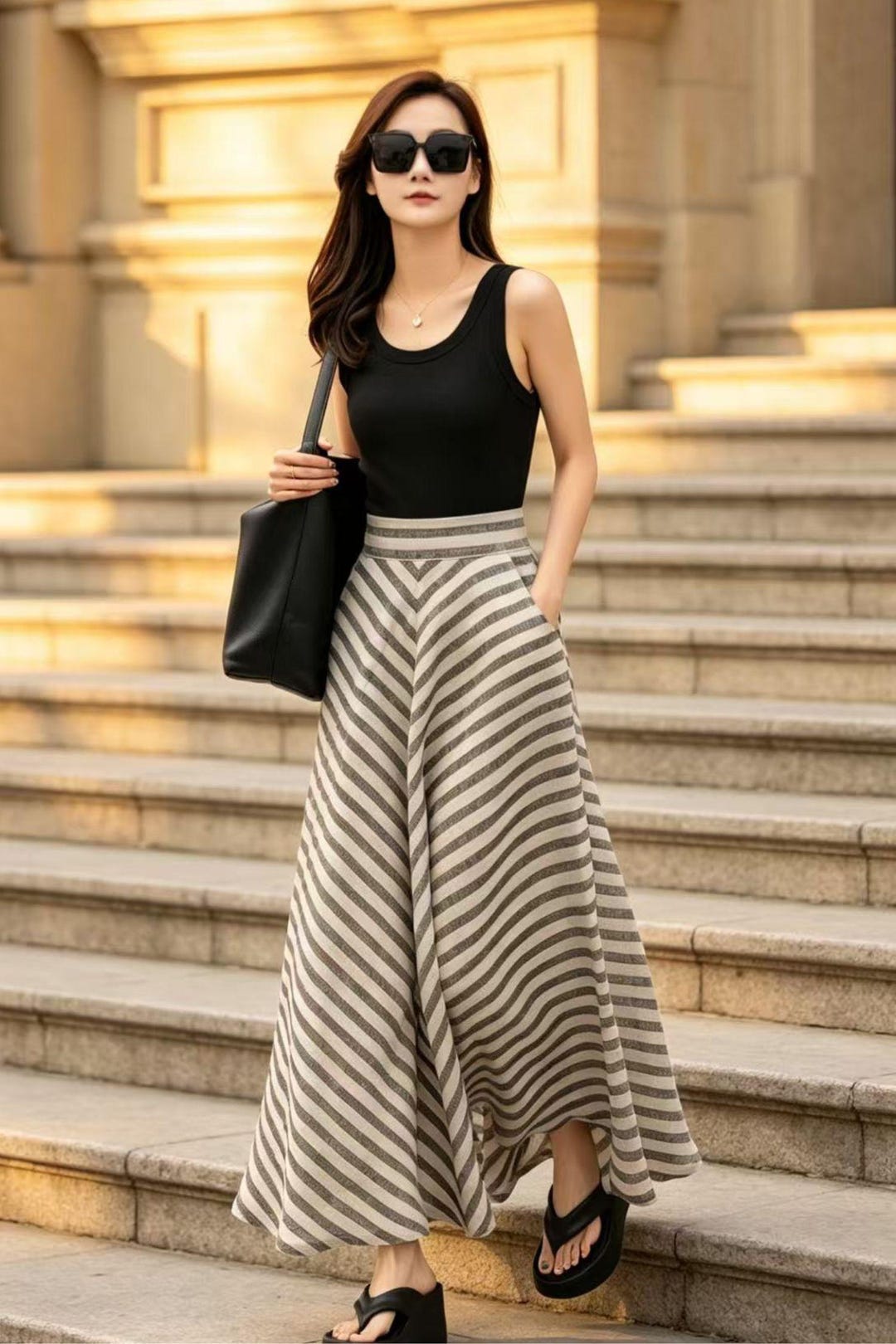 【deres】11th linen skirt 1T Striped Linen Maxi Skirt: A-line Spring Long Skirt With Pockets