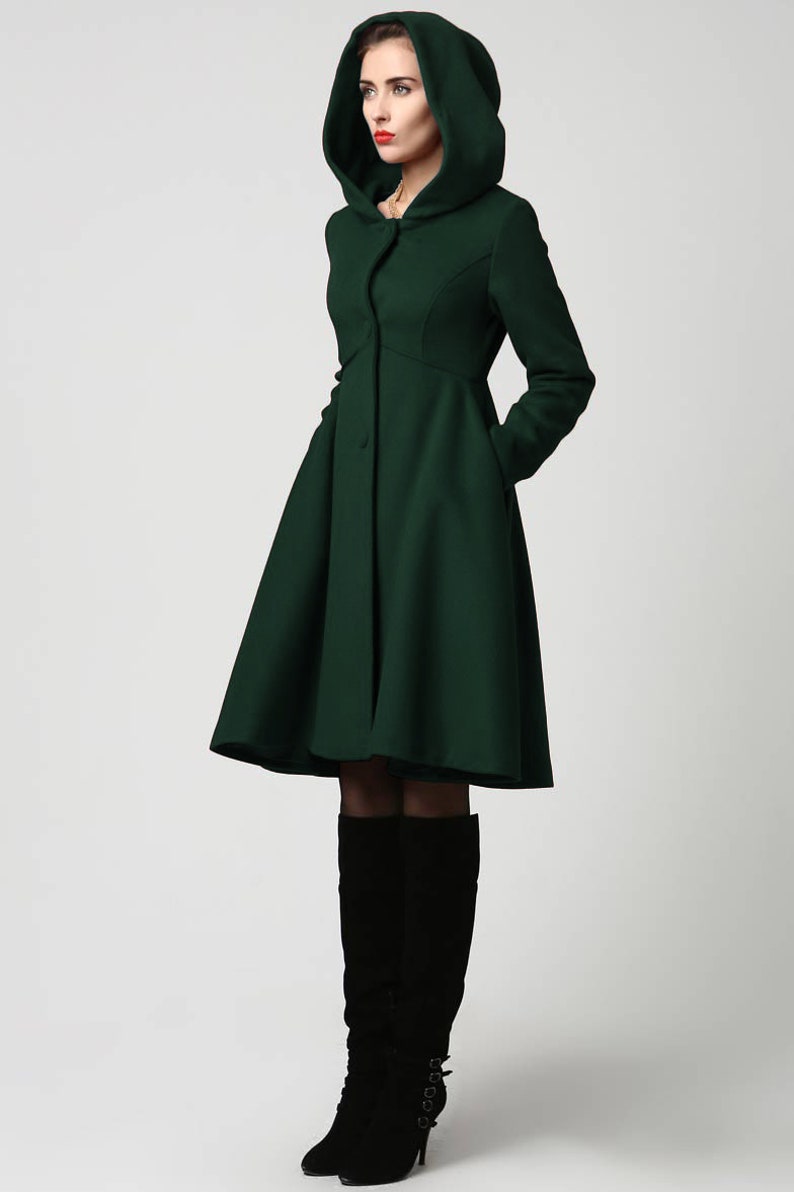 Hooded Wool coat in blue, Wool coat women, winter coat women, Vintage inspired Swing coat, Wool Princess coat, Custom made coat 2648 1-Green