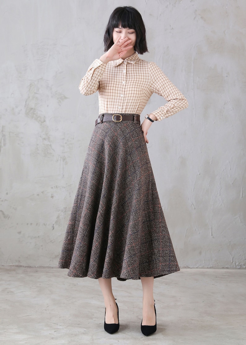 100% Wool Plaid Women Skirt With Leather Belt