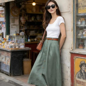 Office Wear, Linen skirt, Midi skirt, Green Button front Skirt, Womens midi skirt, A-Line Skirt, Plus size Skirt with Pockets, Xiaolizi 3697 image 7