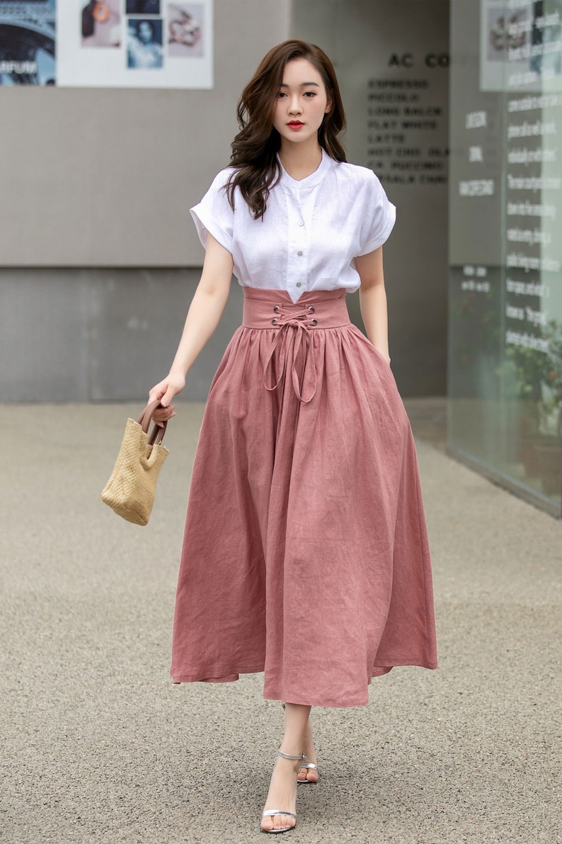 Pink Linen skirt, Long linen skirt for women, pleated linen maxi skirt, High waist Swing skirt with pockets, Womens skirt, Xiaolizi 4261 image 1