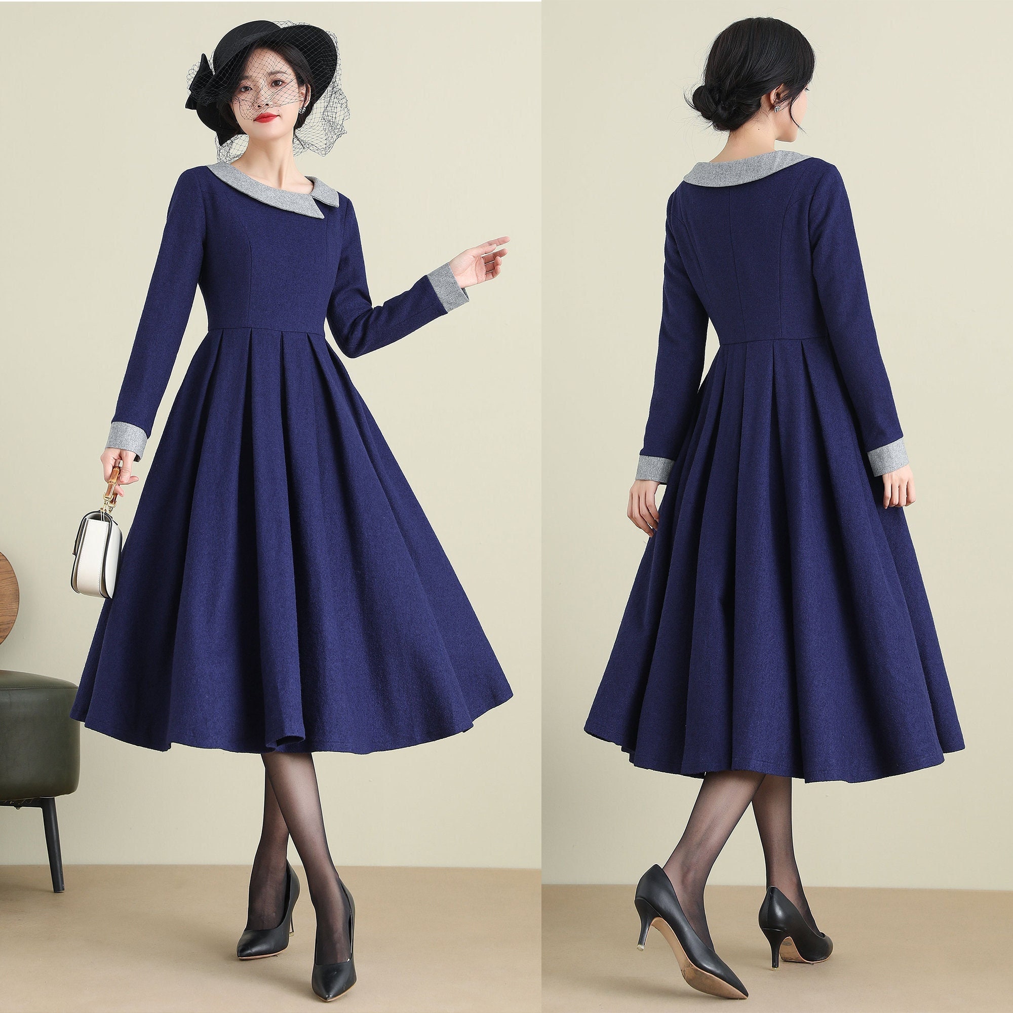 Womens Navy Blue Midi Wool Winter Dress, A-line Wool Dress