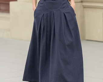 Casual Outings, Linen skirt, Womens Midi skirt, A Line skirt, Blue linen skirt with pockets, minimalist skirt, Custom skirt, Xiaolizi 4943