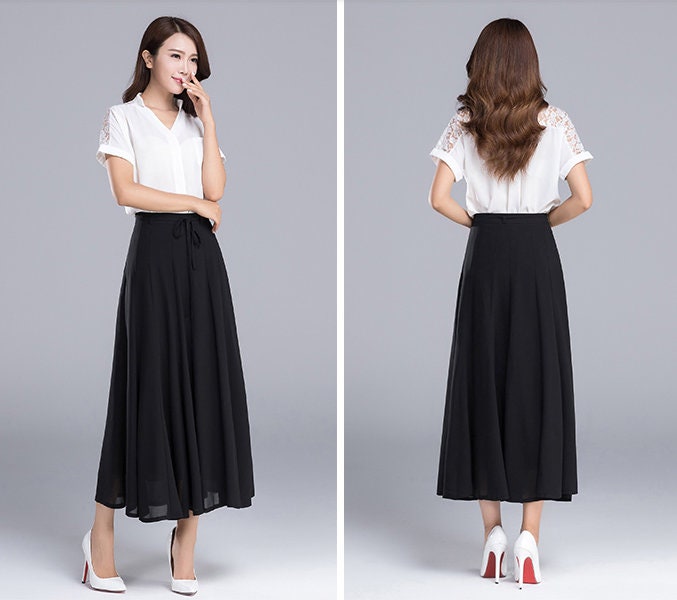 Black Chiffon Skirt, Midi A Line Pleated Chiffon Skirt