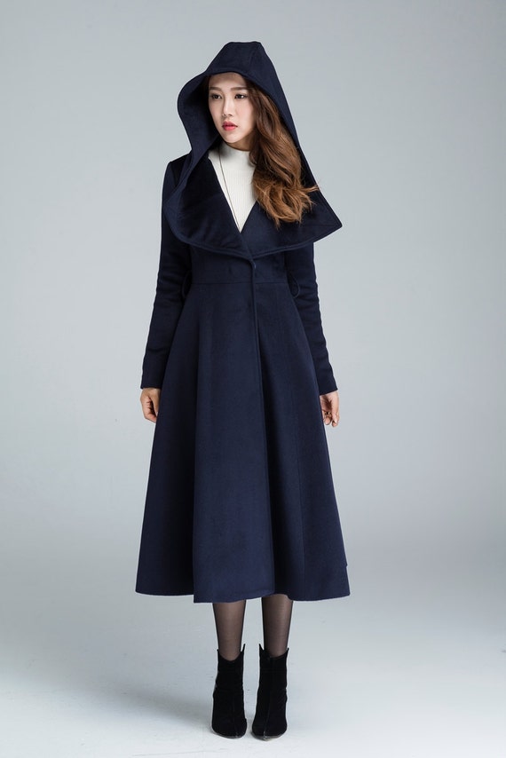 Navy Coat Wool Coat Long Coat Swing Coat Women Jacket Winter Coat Wool Coat With Hood Trench Coat Fit And Flare Vintage Coat 1639