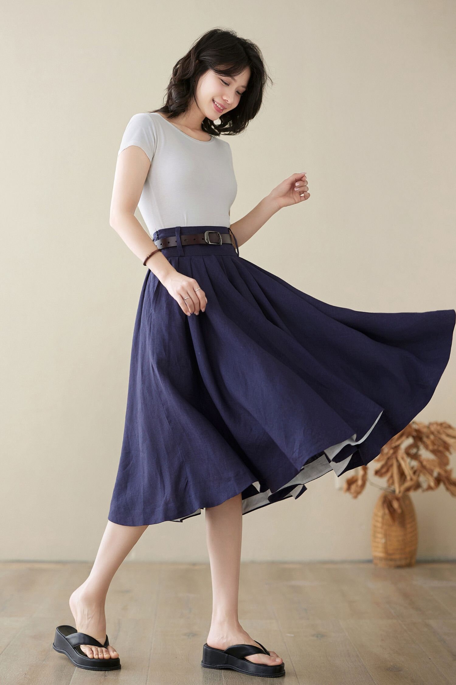 Linen Circle Skirt, Swing Midi Skirt, Pleated High Waist