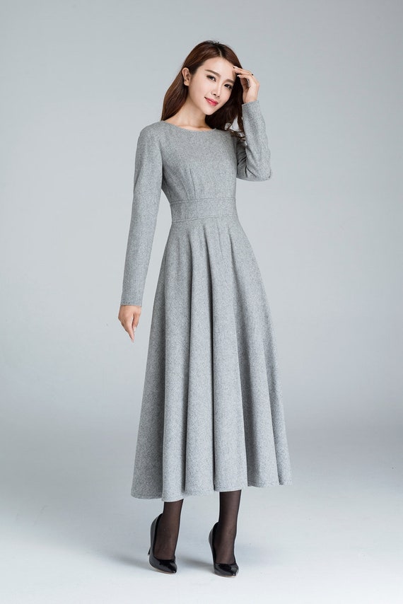 Long Sleeve Wool Dress Gray Dress Wool ...