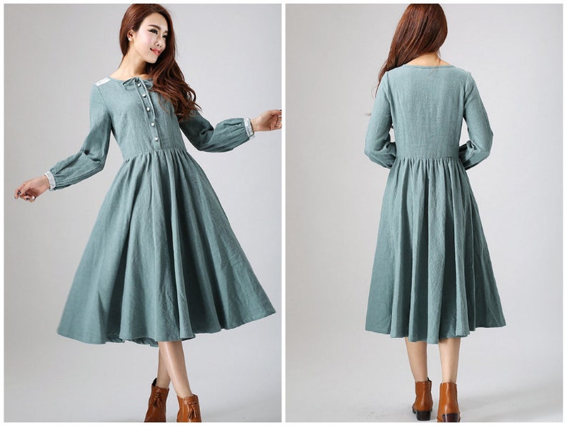 Long sleeve Linen dress Linen shirtwaist dress Modest dress | Etsy