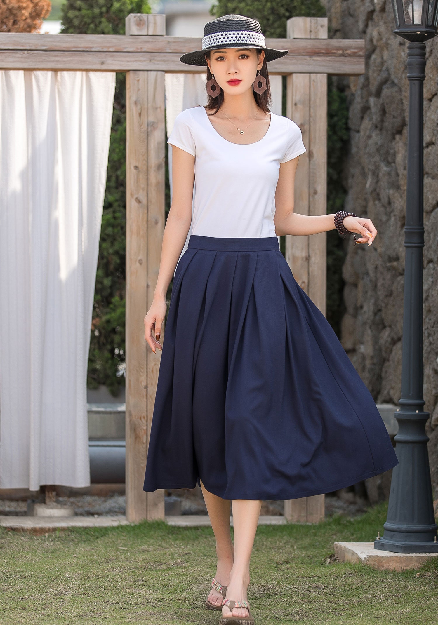Linen Skirt Navy Pleated Skirt Midi A Line Skirt Vintage | Etsy