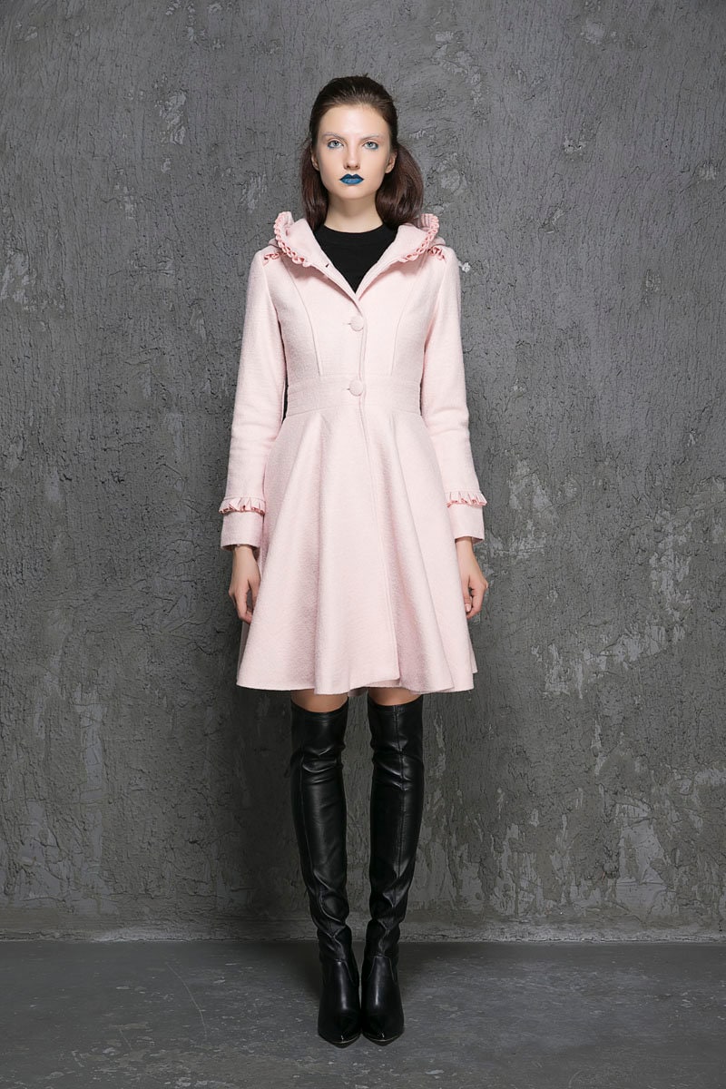 Hooded Swing Coat in Pink, Hooded Wool Coat, Womens Coats