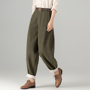Women's Linen baggy pants, Casual Baggy Harem Pants, Army green Long linen pants, Spring linen pants, Loose Fitting Pants, Xiaolizi 5703 1-Army green
